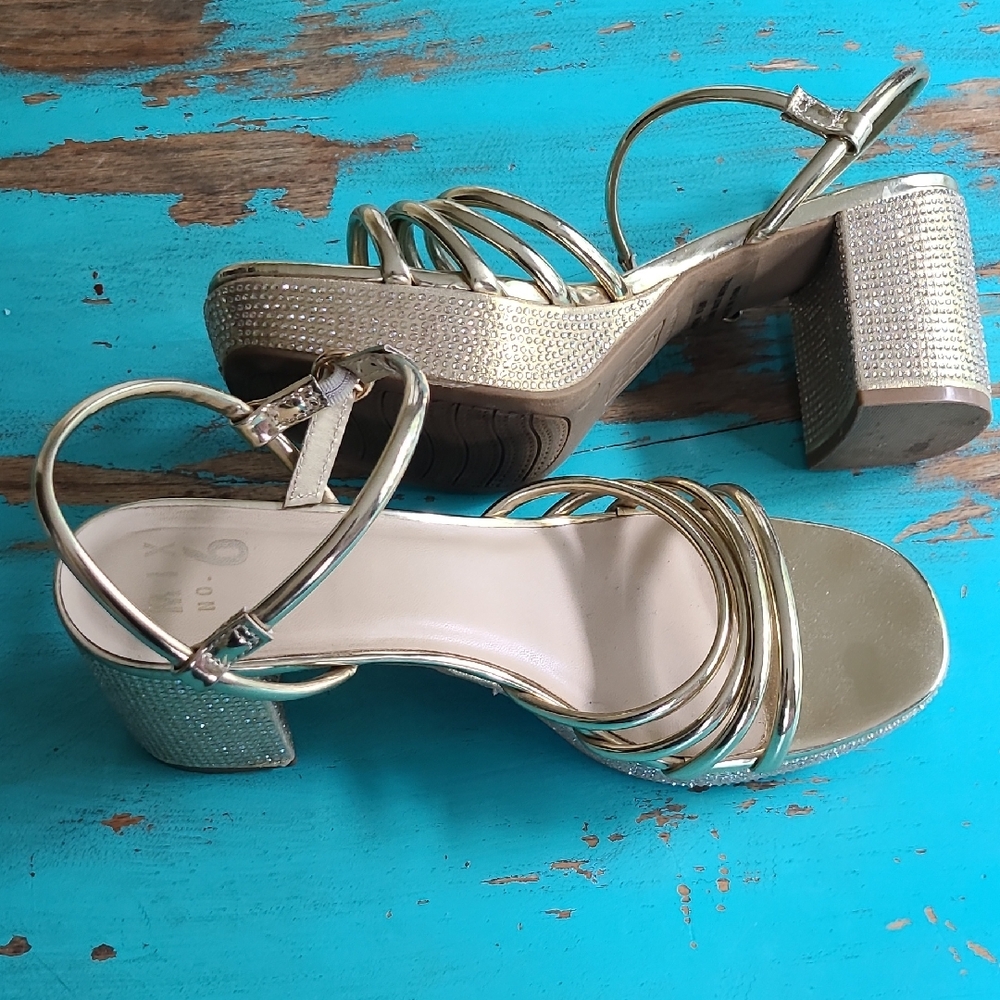 Mix No. 6 Gold and Rhinestone Strappy Block Heels